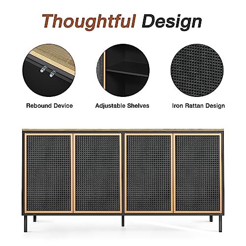 Nosga Buffet Cabinet, Rattan Kitchen Cabinet With Adjustable Shelves, Television Table With 4 Iron Rattan Doors, Buffet Table Storage Cabinet For Kitchen Dining Room Living Room Hallway (Black Gold) #TOP6