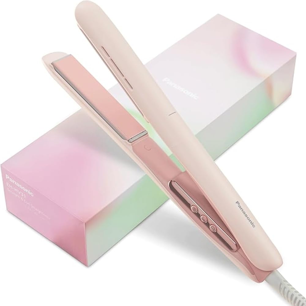 Panasonic Hair Straightener in Strawberry Pink, Instant Heat 185°C, 6 Heat Settings, Ceramic Floating Plates, LED Display, Anti-Burn Design, 2.7m Cord, Auto Shut-Off and Lockable (EH-HV31-P541) - Pink