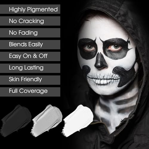 Image of BADCOLOR 3PCS Black White Grey Face Body Paint Stick Makeup for Skull Skeleton Goth Mime SFX Cosplay & Dress Up, Full-Coverage Halloween Facepaint Makeup Kit