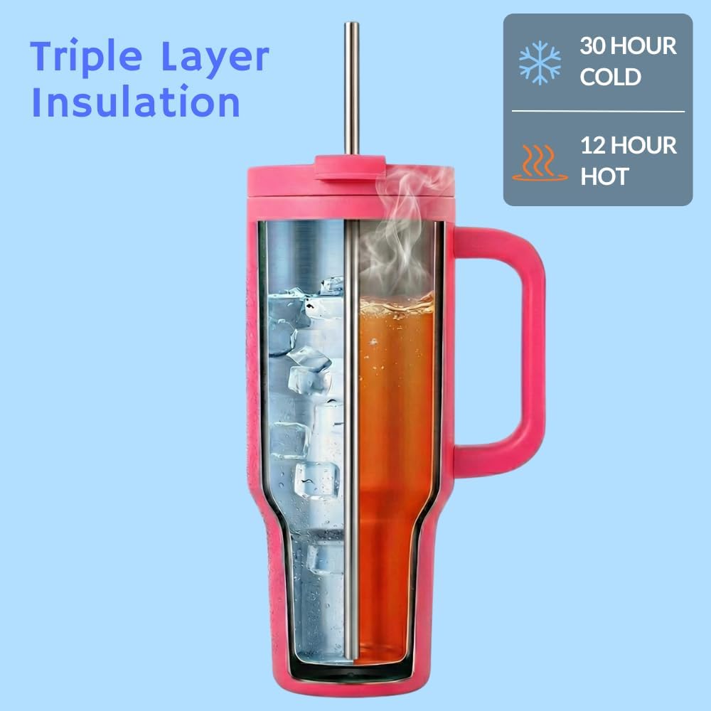 40oz Insulated Tumbler with Handle & Straw Lid | Keeps Cold for 30hrs, Hot12hrs | 100% Leakproof Stainless Steel Water Bottle | Cup holder friendly Travel Mug | Hot Pink - Image 4