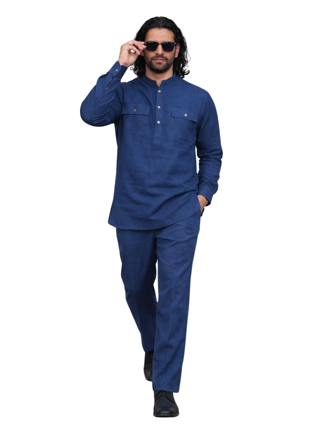 see designs Men's Full Sleeve Mandarin Collar Men's Linen Solid Pathani Set-picture-41