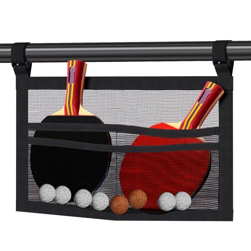 Nezylaf Ping Pong Paddle Holder Hanging Mesh Storage Bag for Table Tennis Rackets & Balls Under Table Organizer with Adjustable Straps Fits Pickleball Paddles