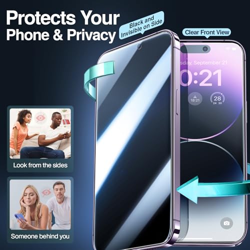 Image of SMARTDEVIL 2 Pack Privacy Screen Protector for iPhone 14 Pro, 28 Anti-Spy 9H Tempered Glass, Impact & Scratch Resistant, Auto Dust & Bubble-Free Install Frame, Easy to Install, Case-Friendly