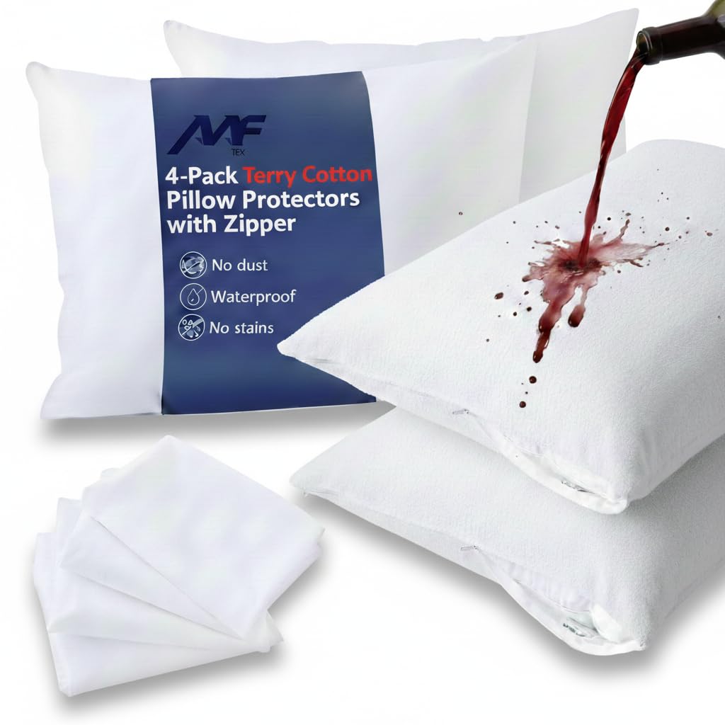 Aaf Textiles Waterproof Pillow Protectors – Soft Terry Cotton Pillow Protectors 2 Pack with Zipped Closure – Hypoallergenic, Breathable & Anti-Allergy Zipped Pillow Protector for Ease (50x75cm 2pack)