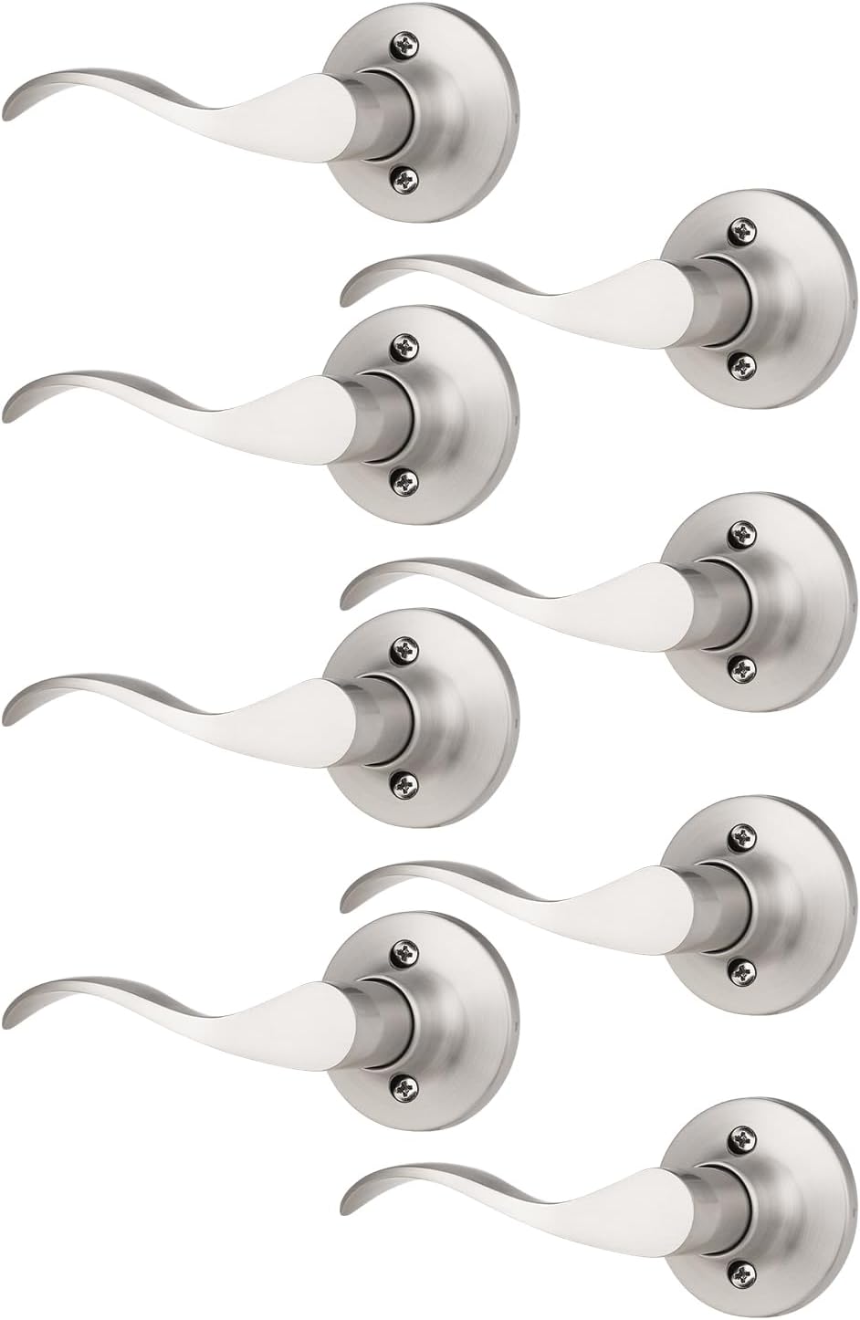 Mengico 8 Pack Satin Nickel Dummy Door Lever, Single Left Side Door Handle for Closets, Non-Turning Pull Only Lever Set, Wave Style Interior Door Knob