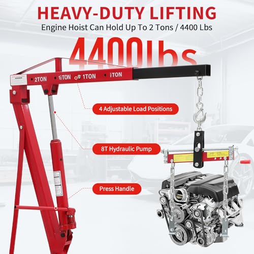Image of GarveeTech 2 Ton Folding Hydraulic Engine Hoist with Load Leveler 4400 LBS Capacity Heavy Duty Cherry Picker 6 Swivel Wheels&Hydraulic Pump Adjustable Boom (0.5T-2T) for Garage Workshop Warehouse Red