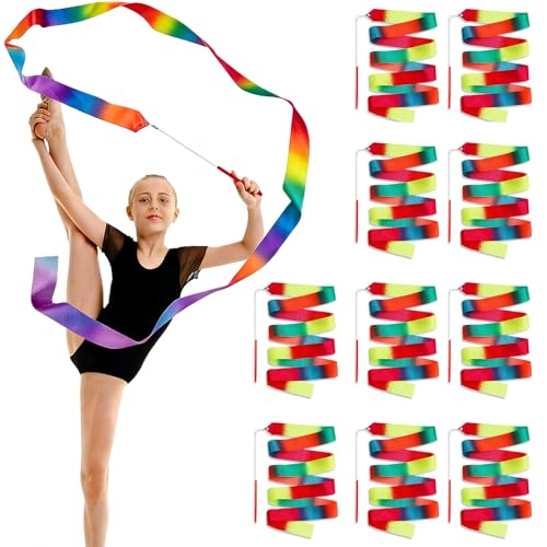 Homefantasy 10 Piezas Varillas De Cinta Gimnasia Ritmica para Niños, Cinta de Gimnasia Colores Arcoiris con Baston, Cinta de Baile para niños Gimnasia Ritmica,Baile Infantil,Talent Show