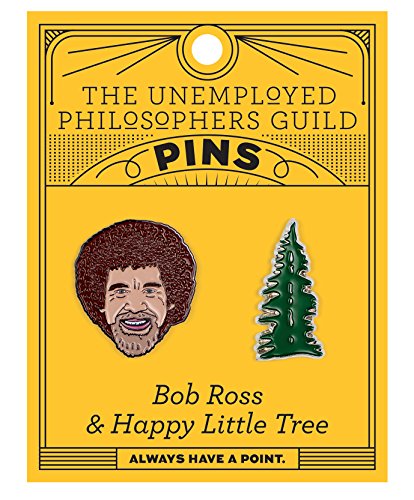 The Unemployed Philosophers Guild Bob Ross and Happy Little Tree Enamel Pin Set - Strong Rubber Backing Clasps, Set of 2 Pins