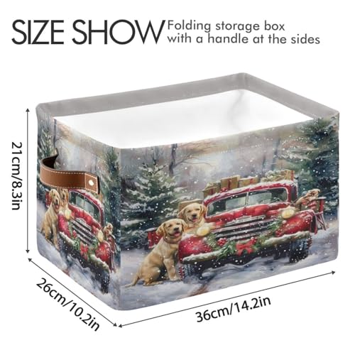 Image of Christmas Truck Golden Retriever Storage Basket Fabric Kitchen Baskets Winter Car Dogs Xmas Tree Open Home Storage Bins Boxes Foldable Organizer Bag for Book Shelf Closet Baskets 16x12x8 Inches 2 Pack