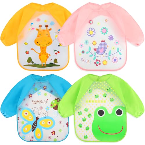 Image of Accmor 4 Pack Long Sleeve Baby Bibs, Waterproof Sleeved Bib, Toddler Baby Girls Boys Smock Bibs for 6-36 Months
