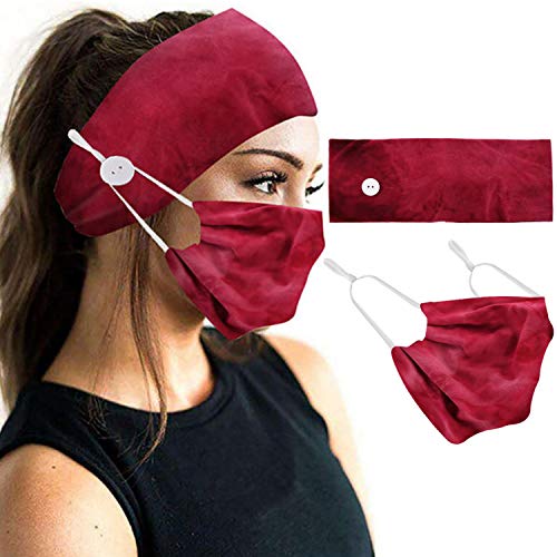 2pcs Face Protection Set - 1 Headband with Buttons + 1 Face Covering for Yoga Sports & Workout (Red)