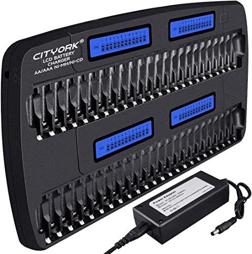 CITYORK 48 Bay AA AAA Large Multiple Battery Charger LCD Display for 1.2V AA/AAA NiMH/NiCd Rechargeable Batteries with Built-in IC Protection & AC Wall Adapter