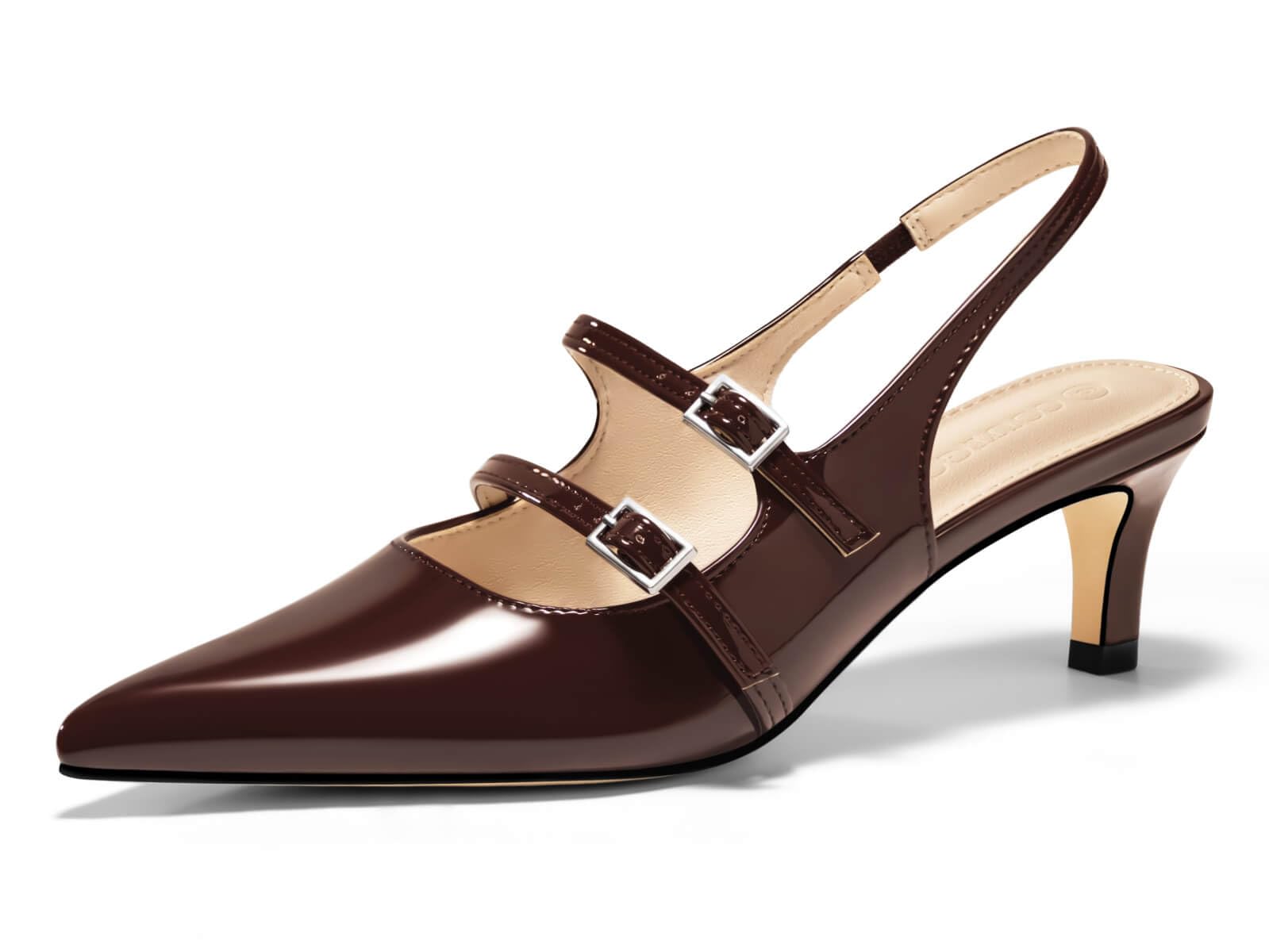 Coutgo Womens Slingback Kitten Heels Mary Jane Pumps Closed Pointed Toe Buckle Strap Wedding Dress Shoes