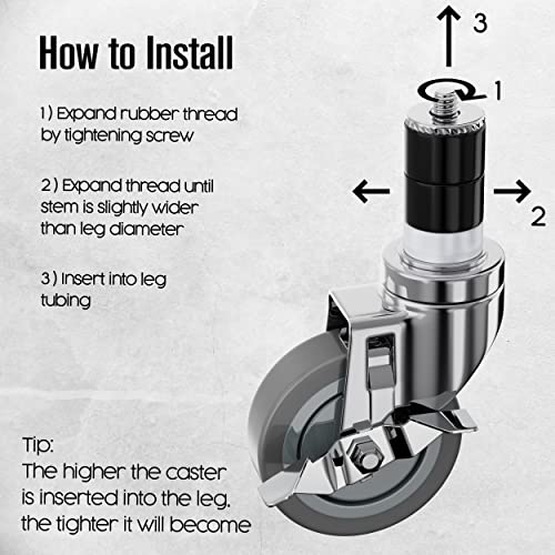 Houseables Kitchen Table Caster Wheel, 4 Pk, 4 Inch, Grey, Polyurethane, 300 Lb Load Capacity Per Wheel, With Locking Mechanism, Adjustable, Swivel, Expanding Stem Caster, Furniture, Hardwood Floor #TOP3