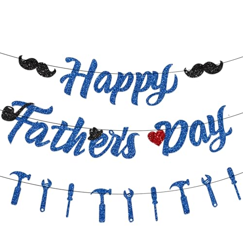 Image of Pre-Strung Happy Fathers Day Banner Party Decorations, NO DIY Glitter Fathers Day Banner with Household Tools Garland for Step Dad Grandpa Papa Home Indoor Mantel Wall Room Photo Props Backdrop Decor