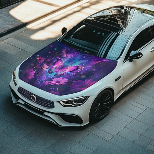 Image of Purple Butterfly Prints Car Hood Cover Stretch Polyester Protector for Car Hood Removable Automotive Accessories for Most Automotive Sedans Trucks Pickup SUVs