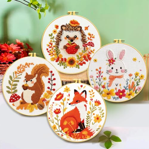 Image of Zhenqing 4 Pack Woodland Animal Stamped Cross Stitch Kit, 11CT Printed Fox Squirrel Hedgehog Bunny Patterns with Hoop and Tools for Adults and Beginners