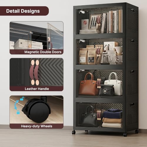 Image of Stackable Storage Bins with Lids, 440QT Lockable Storage Cabinet | Closet Organizers, Foldable Storage Box with Doors and Wheels, Plastic Drawers for Home, Garage, Office (4, Black, Plus)