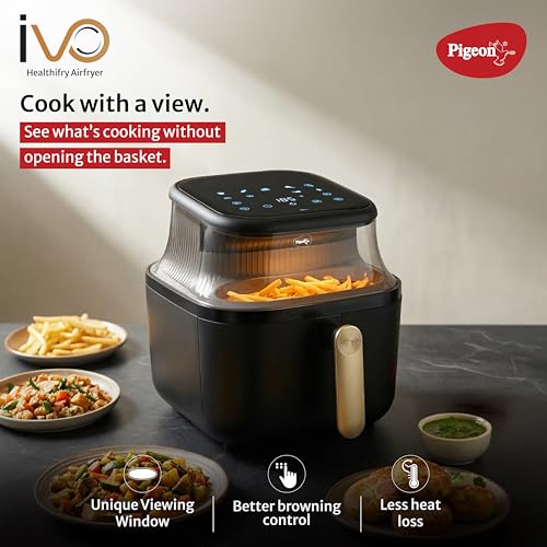 Image of Pigeon by Stovekraft Healthifry 5.4L Digital Air Fryer | 1500W |See Through Glass Window|360 Rapid Air Circulation |80% Less Oil |Non-Stick Basket |Touch Control |Auto Shut-Off |2 Yrs Warranty |Black