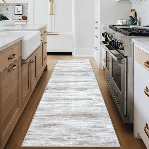 KOZYFLY Modern Abstract Hallway Runner Rug, 2.6x8 Washable Rug Runner Non-Slip Soft Striped Kitchen Runner Rugs, Print Distressed Beige Carpet Runner for Entryway Bathroom Laundry Room Foyer