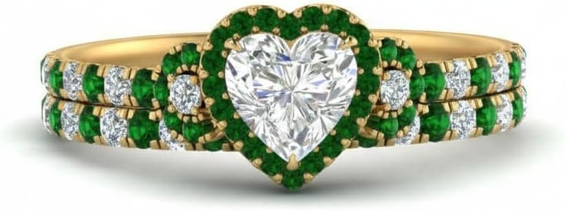 Choose Your Gemstone Delicate Halo Ring with Matching Band Yellow Gold Plated Heart Shape Wedding Ring Sets Everyday Jewelry Wedding Jewelry Handmade Gifts for Wife US Size 4 to 12