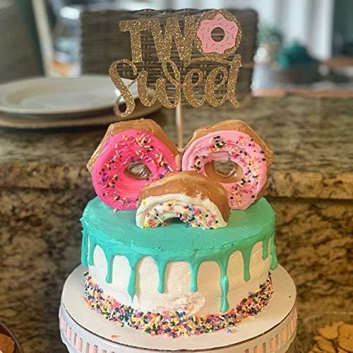 Double Sided Glitter Two Sweet Cake Topper with Donut, Cake Topper for 2th Second Birthday Party Supplies