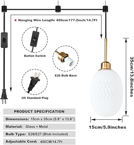 Miniatura 3 de KOLTIME Lámpara colgante de vidrio enchufable, moderna ovalada, soplada a mano, lámpara de techo colgante con cable de 14.7 pies, lámpara pequeña