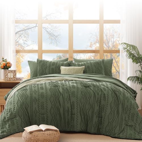 Image of WRENSONGE King Size Comforter Set with Sheets - 7 Pieces Olive Green Tufted Bed in a Bag King Shabby Chic Bedding Sets with 1 Comforter, 2 Sheets, 2 Pillowcases & 2 Shams
