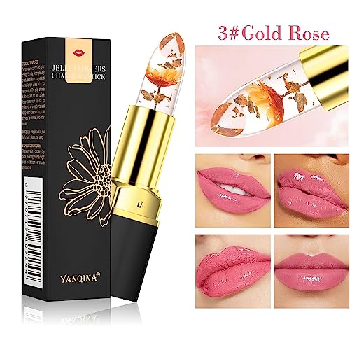 Pakivs Flower Jelly Lippenstift Magic Temperature Color Change Feuchtigkeitsspendender Lippenbalsam Lang anhaltender nahrhafter Lippenstift für Frauen und Mädchen (Gold Rose) – Bild 3