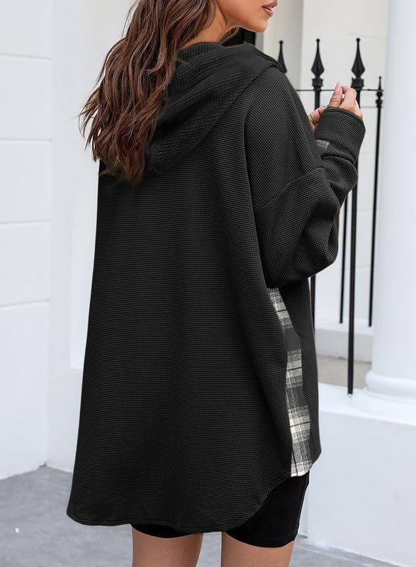 SHEWIN Womens Waffle Knit Plaid Shacket Boyfriend Button Down Shirt Hooded Jacket Loose Long Sleeve Tops3