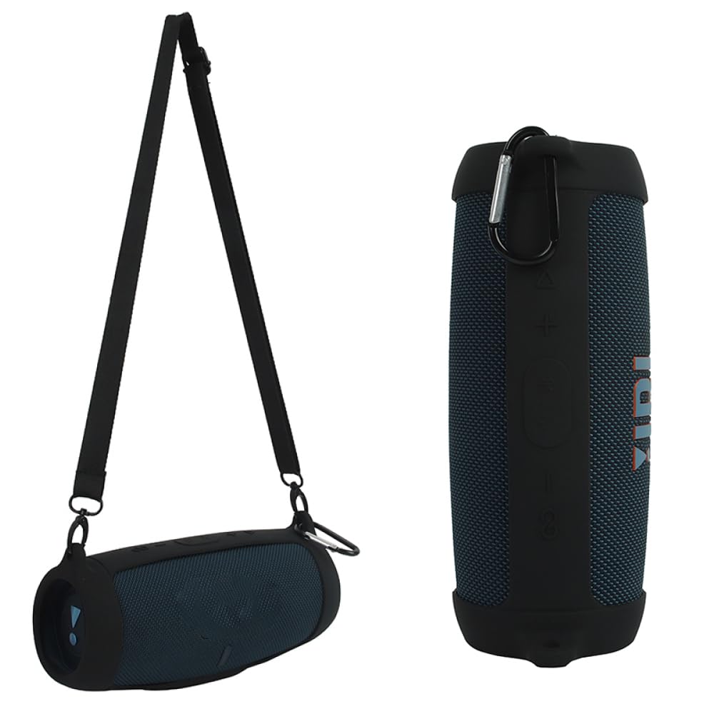 Silicone Case Cover for J.BL Charge 5 Bluetooth Speaker, Portable Travel Carrying Protective Sleeve Skin Case with Shoulder Strap and Carabiner (Black