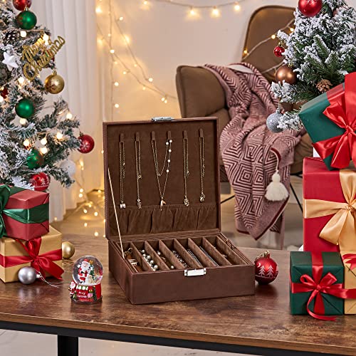Bewishome Necklace Organizer Box Necklace Storage Organizer For Chains, Bracelets - 12 Compartments (7 Regular + 5 Large), 6 Hooks, 2 Layers - Jewelry Box For Women Men Girls, Brown Ssh31Z #TOP5