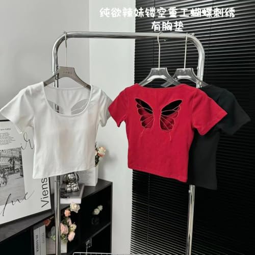 Image of ICW Women's Streetwear Round Neck Butterfly Cutout Back Short-Sleeve Padded Crop Top T-Shirt Dn249