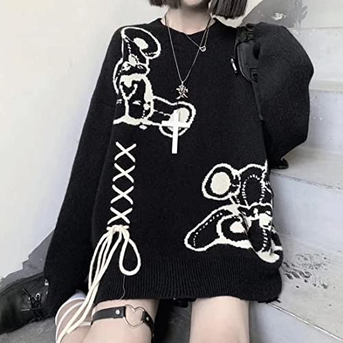 Image of Harajuku Style Kawaii Pastel Goth Fashion Oversized Long Sleeve Crewneck Knit Novelty Bear Print Sweater for Women M Black