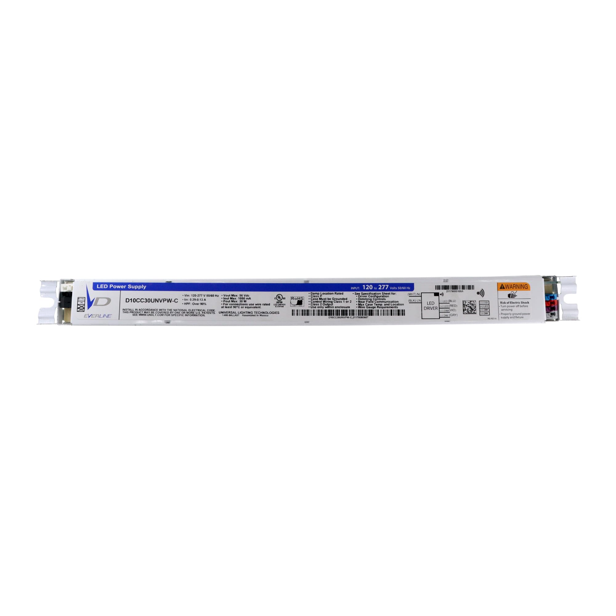 Universal Lighting Technologies D10CC30UNVPW-C Dimmable 0-10V LED Driver, 56V, 30W, 700mA, 120-277V