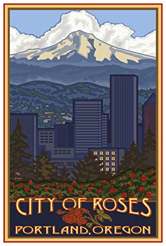 Portland Oregon Skyline Giclee Art Print Poster from Travel Artwork by Artist Paul A. Lanquist 12" x 18"