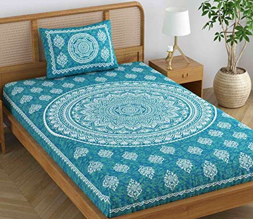Colorish Cotton Blend Mandala Printed Jaipuri Bedsheet for Single Bed with 1 Pillow Cover, Sea Green