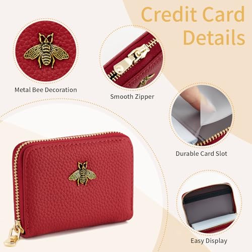 Image of WOZEAH Leather Credit Card Holder for Women Wallet RFID Blocking Zipper Wallet Card Case Business(Red)