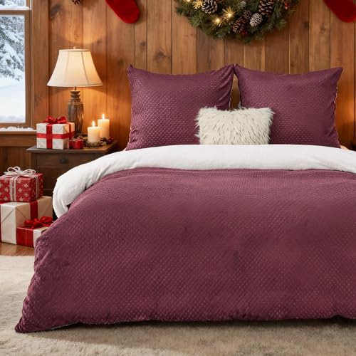 BEDSURE Flauschige Bettwäsche 155x220 Weinrot - Winter Bettbezug Fleece mit 2 Kissenbezüge 80x80 cm, Warme Bettwäsche-Sets mit Reißverschluss, Waffelpique Winterbettwäsche für Doppelbett