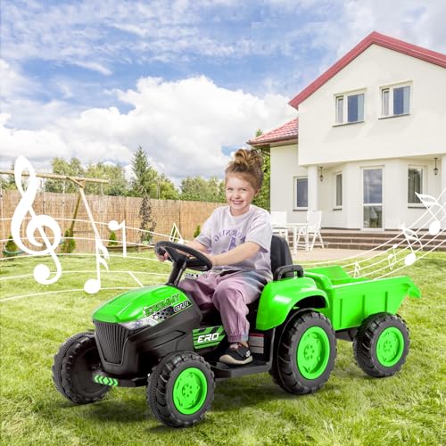 EROMMY 12V Elektrischer Traktor mit abnehmbarem Anhänger,3-Gang Kinder...