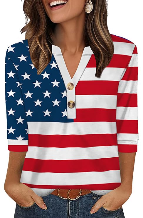 OFEEFAN Fourth of July Outfit Women 3/4 Length Sleeve Summer Tops for Women Early Fall Fashion Blouses for Women Dressy Casual Z-Flag XL