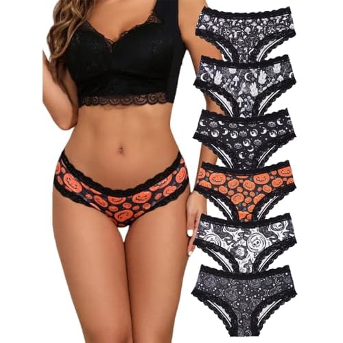Morvia 6pcs Women Underwear Gothic Sexy Halloween Skulls Roses Allover Print Contrast Lace Hipsters Panties Large 6pcs Halloween & Mystical Print