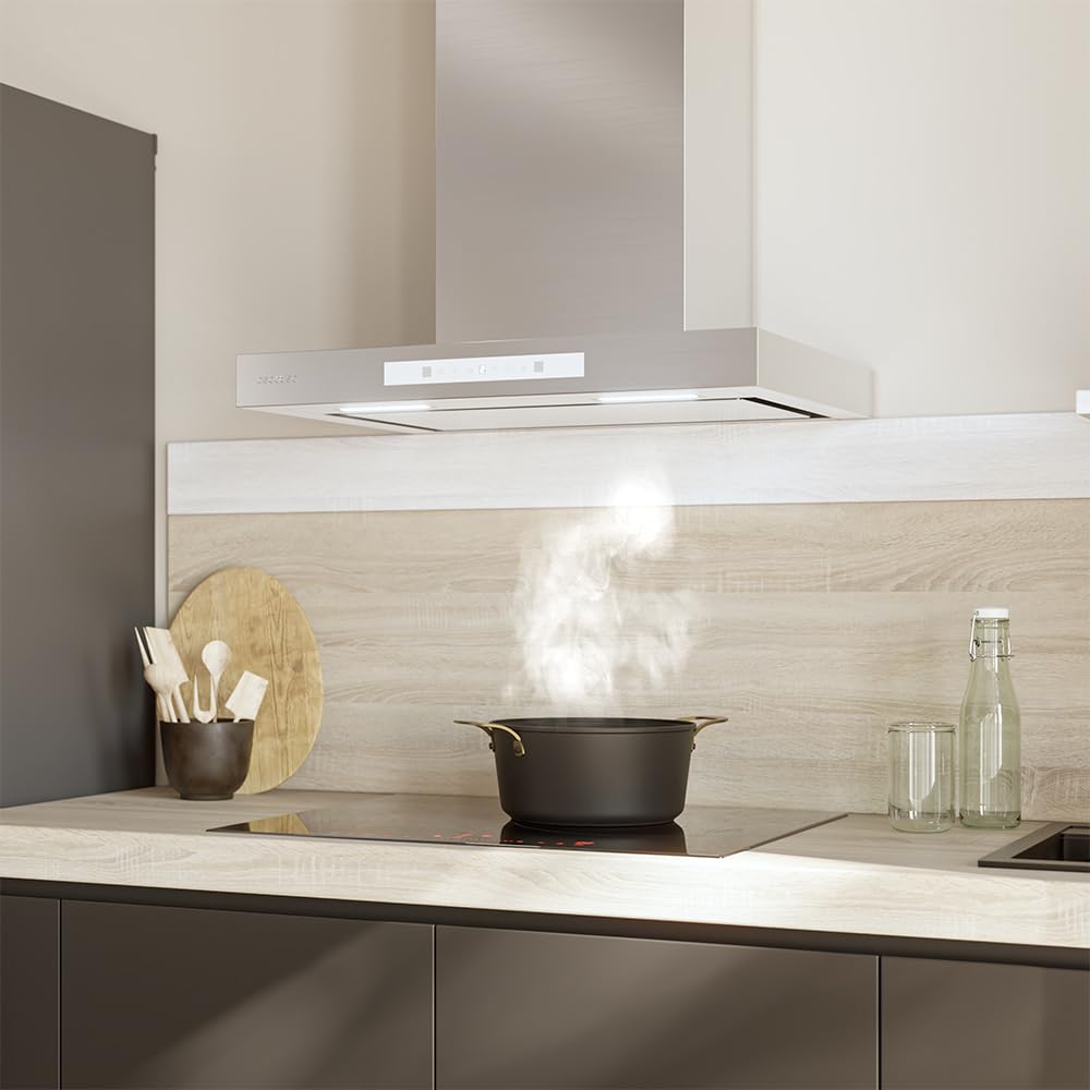 Cecotec Campana Extractora 60cm Tipo T Bolero Flux Tt 608000 Slim Glass White A++. Acabado Acero Inox Succión 800M3/H, Bajo Consumo, Display Táctil, Filtro Carbono, Hand Movement Control