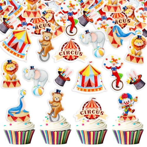 Blumomon 45 Stück Essbar Zirkus Kuchen Topper Zirkus Baby Babyparty Dekorationen Vintage Zirkus Cupcake Deko Partyzubehör