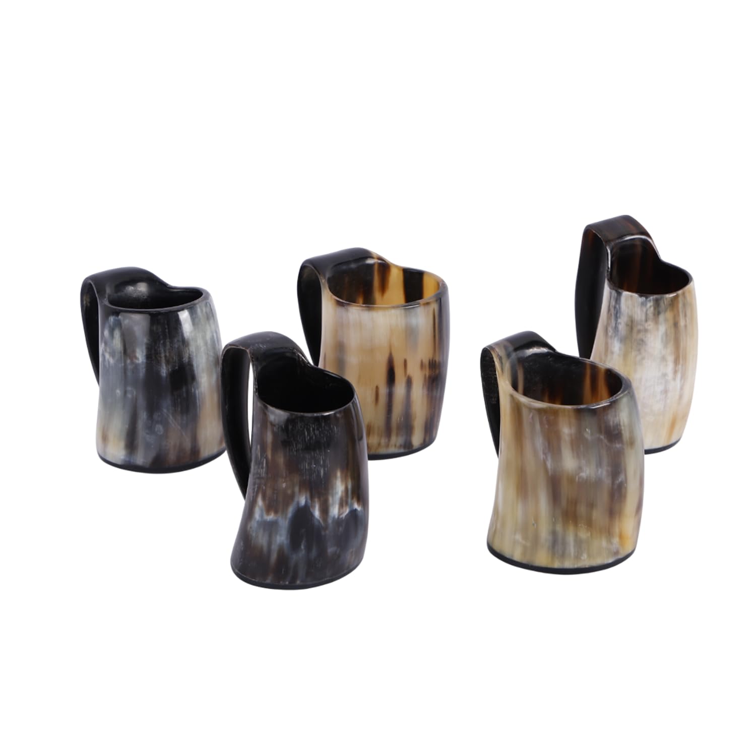 Handicrafts Home Viking Drinking Horn Mug Set of 5, Real Natural Ox Horn Beer Mug with Handle, Handmade Medieval Viking Horn Drinking Mug for Mead, Beer & Wine, Unique Viking Gifts for Men (5 oz)