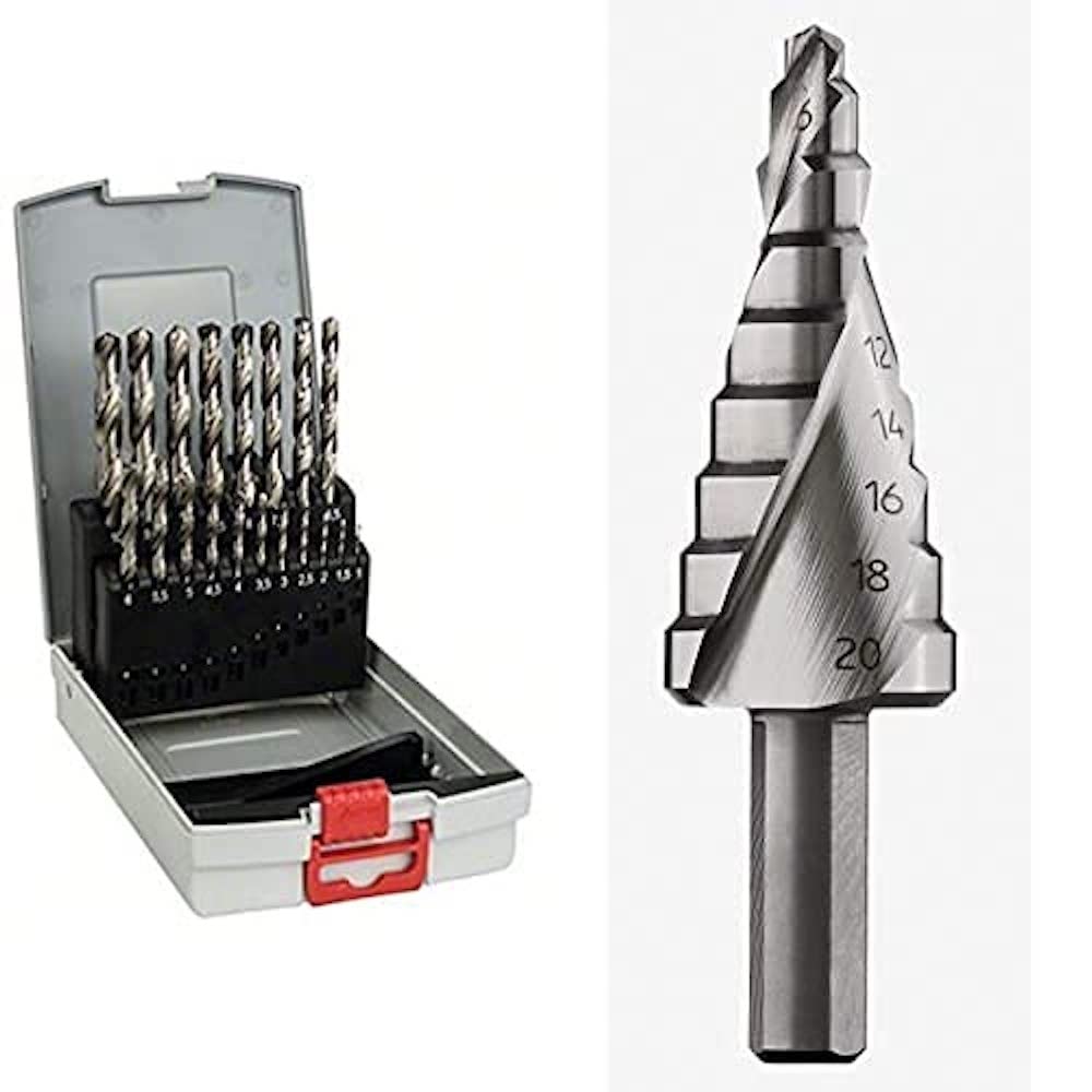 Bosch Professional 19tlg. ProBox Metallbohrer Set HSS-G (geschliffen, Zubehör Bohrschrauber und Bohrständer) + HSS Stufenbohrer (für Metall und Stufenbohrer, Ø 4 – 20mm, Länge 70,5mm, Zubehör Bohrer)
