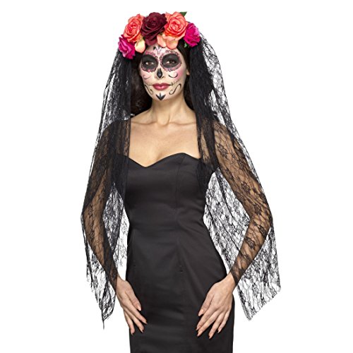 Amakando Halloween Haarreifen La Catrina mit Rosen und Schleier Tag der Toten Diadem Totenkopf Haarschmuck Sugar Skull Kostüm Accessoire Dia de los Muertos Kopfschmuck