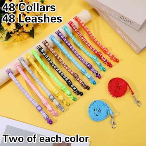 48 Pcs Dog Collar and Leash Set, Polypropylene Adjustable Puppy Collars Paws Pattern for Puppy Small Dogs Walking Training with Hook and Buckle, Multicolor - 3