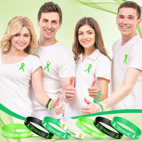 Leyndo Bulk Mental Health Awareness Bracelet Green Awareness Ribbon Silicone Bracelets with Inspirational Saying Disease Wristbands Hope Strength Faith Courage3
