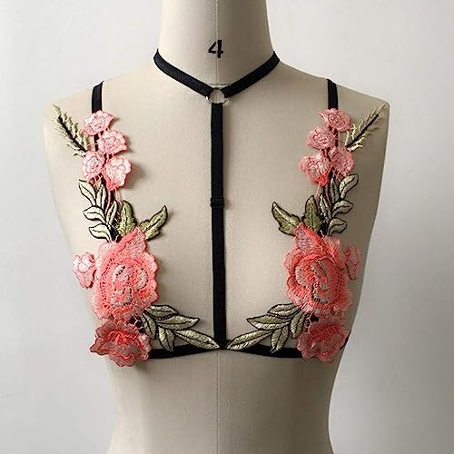 Image of Xivir Floral Embroidered Strappy Lingerie Set with Rose Applique, Black and Red, 2 Piece